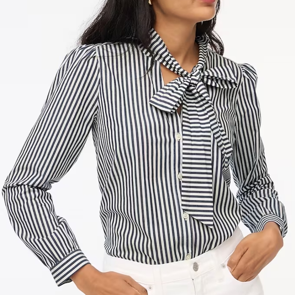 MY J.Crew Women's Antique Navy Ivory Striped Bow Tie Neck Long Sleeve Top NWT XS